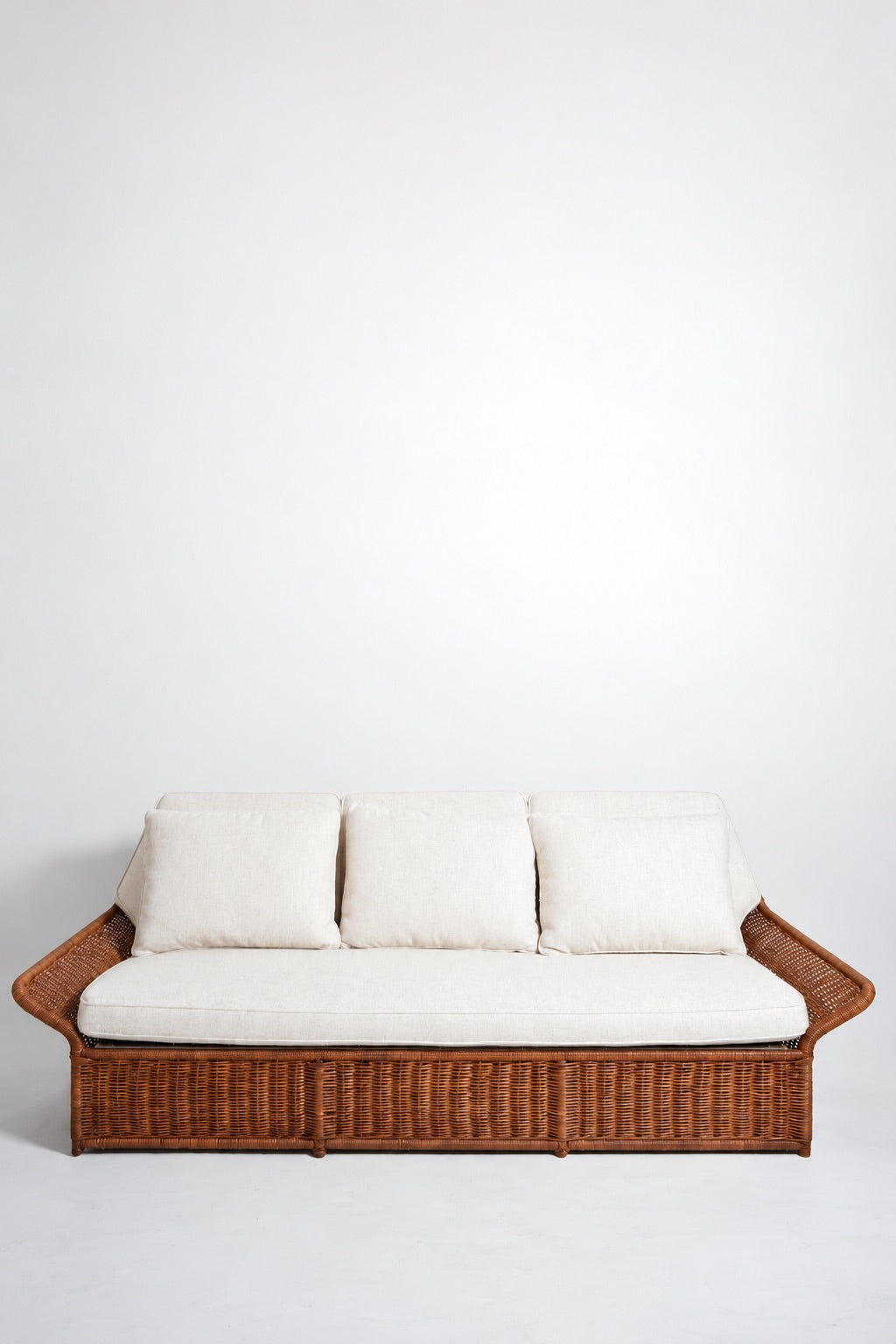 Wicker and fabric large three seats sofa, 1970s.