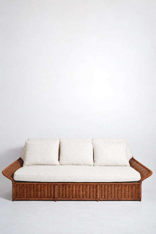 Wicker and fabric large three seats sofa, 1970s.
