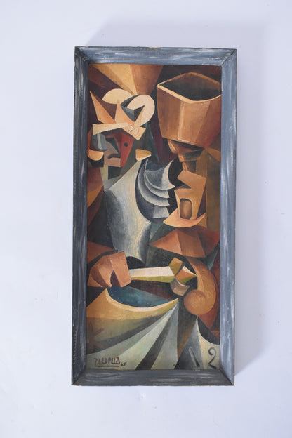 Pair of cubist oils on panels, 1960s.