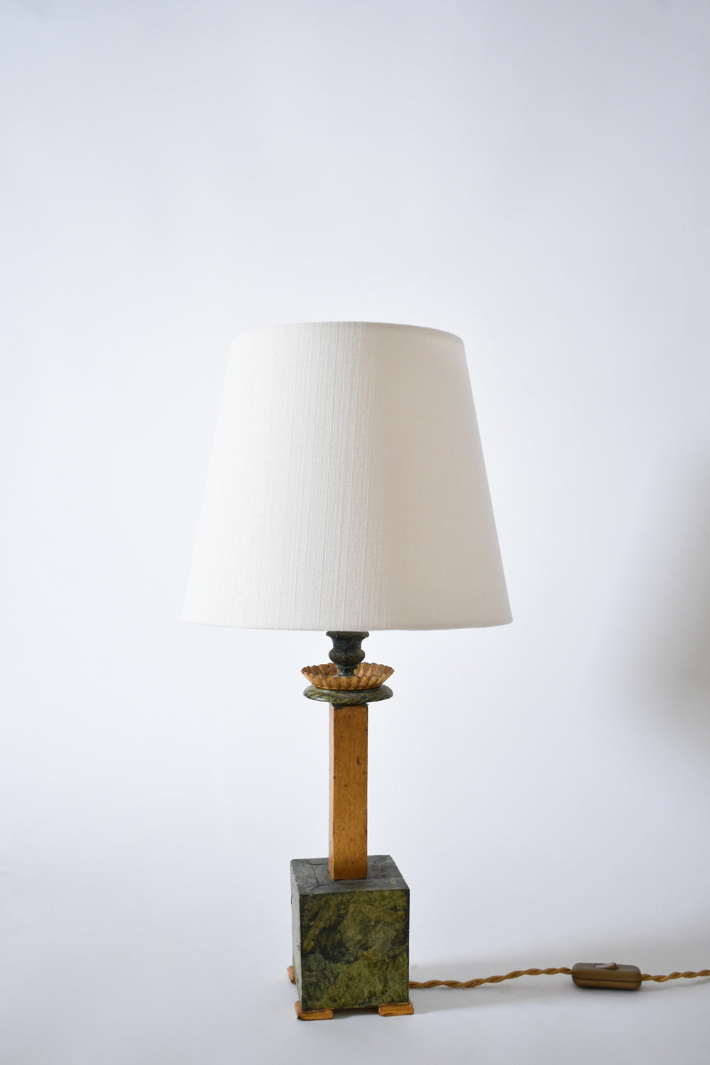 Pair of marble trompe l'oeil wooden lamps, 1940s.