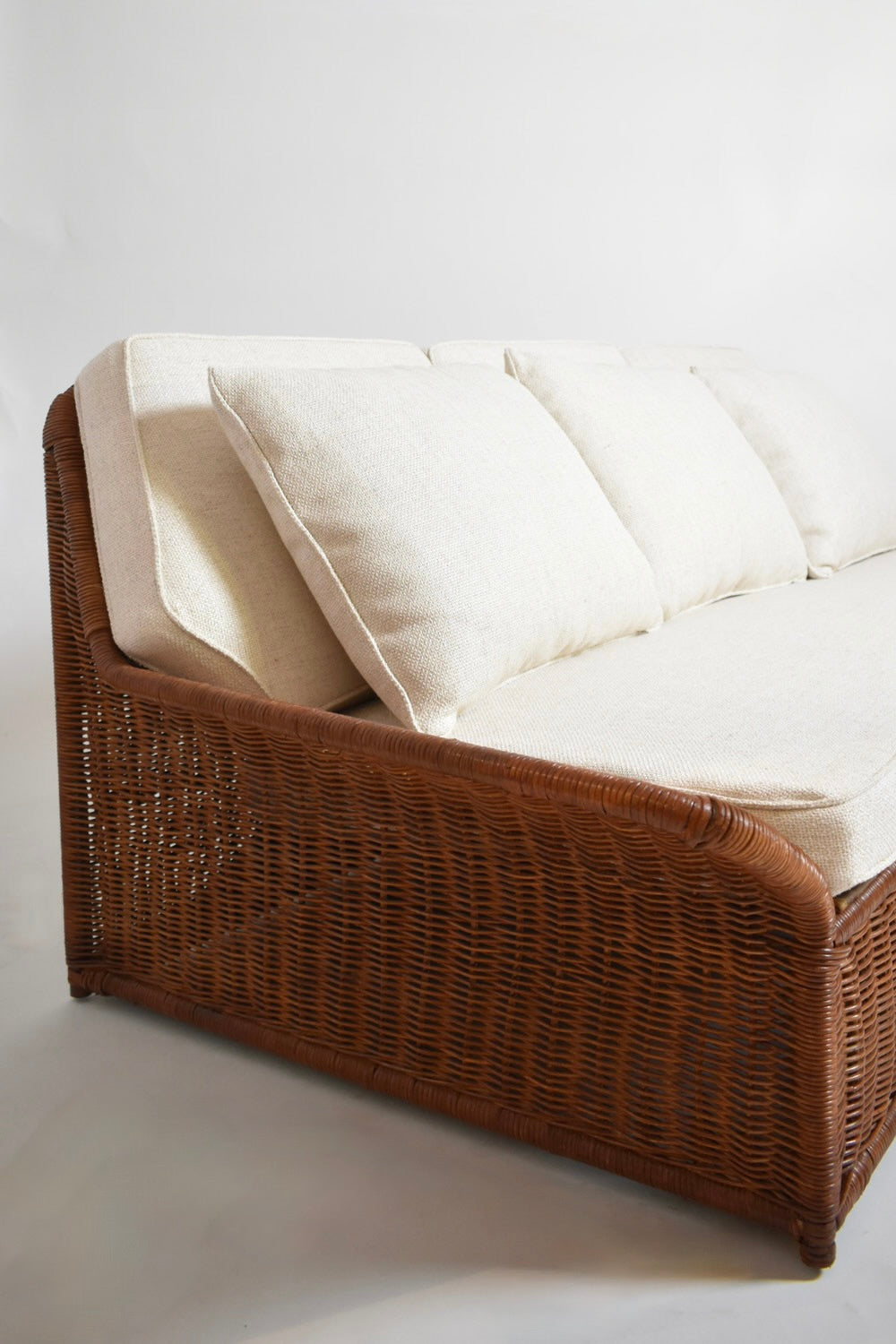 Wicker and fabric large three seats sofa, 1970s.