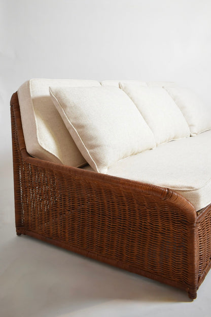Wicker and fabric large three seats sofa, 1970s.