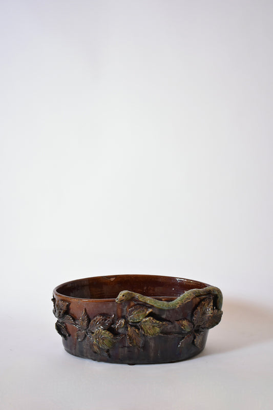 Brown and green low relief ceramic planter, 1950s.