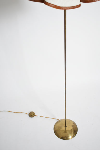 Brass, fabric and leather floor lamp, 1960s.