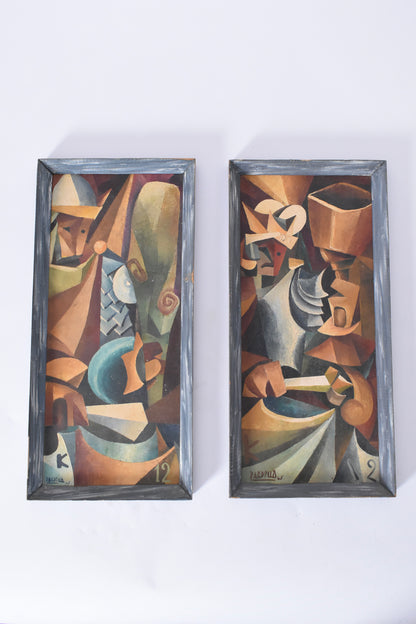 Pair of cubist oils on panels, 1960s.