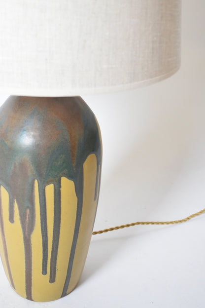 Pair of ochre and brown glaze drips lamps, 1930s.