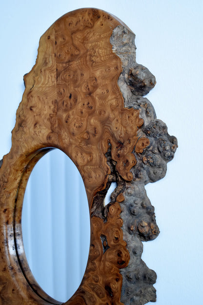 Medium brutalist burl mirror, 1970s.