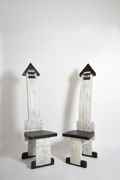 Pair of bicolor tainted wood chairs totems, 1980s.
