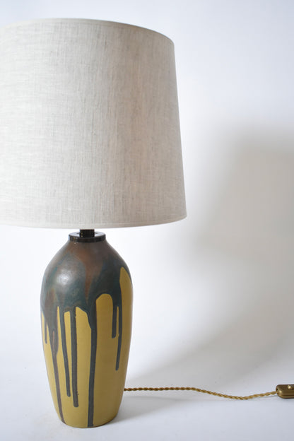 Pair of ochre and brown glaze drips lamps, 1930s.