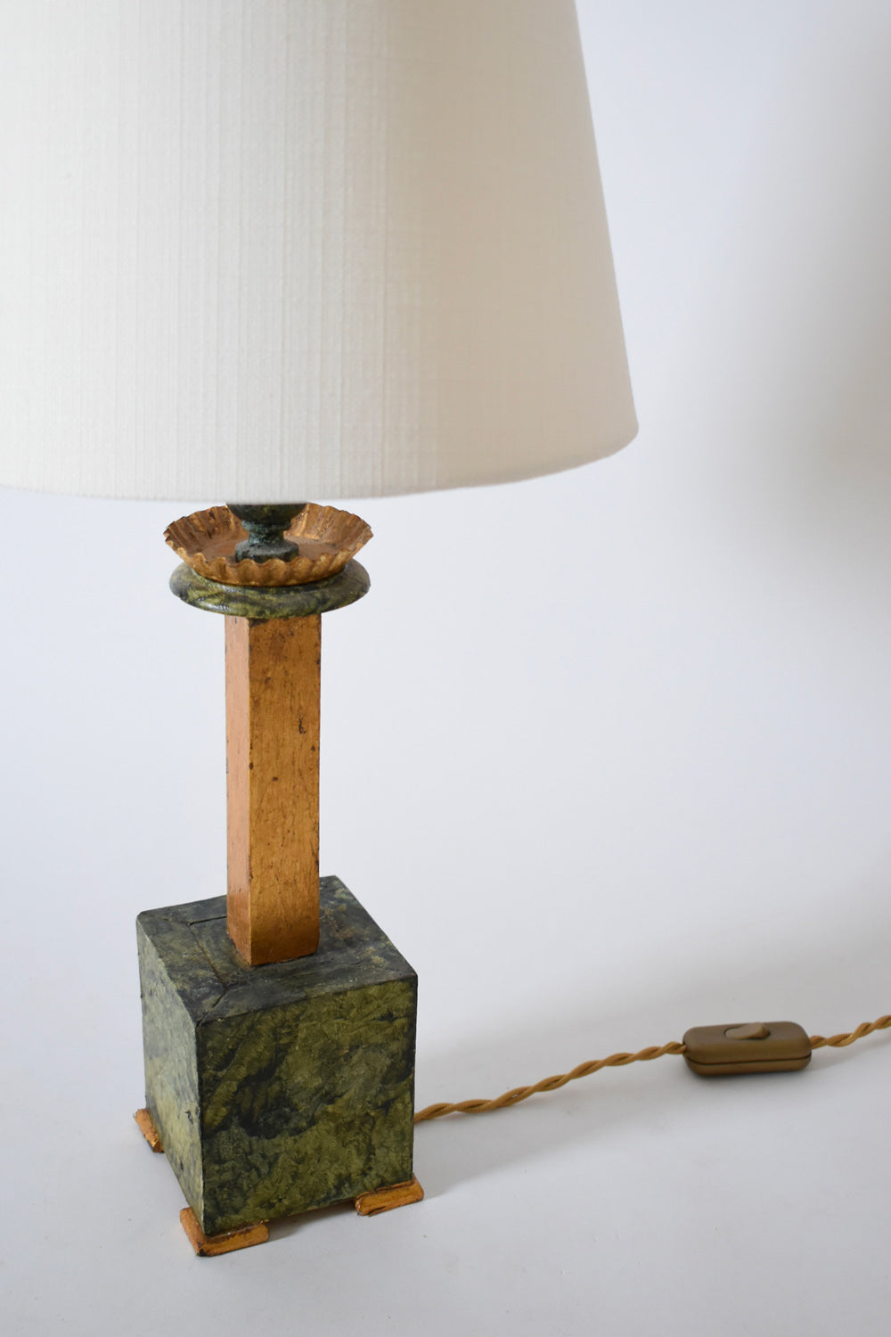Pair of marble trompe l'oeil wooden lamps, 1940s.