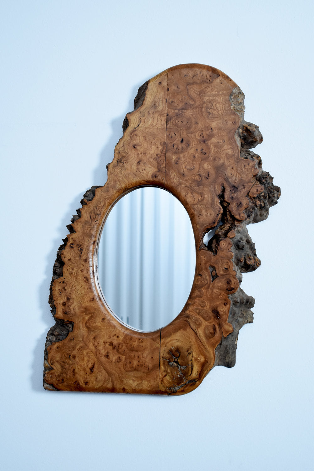 Medium brutalist burl mirror, 1970s.