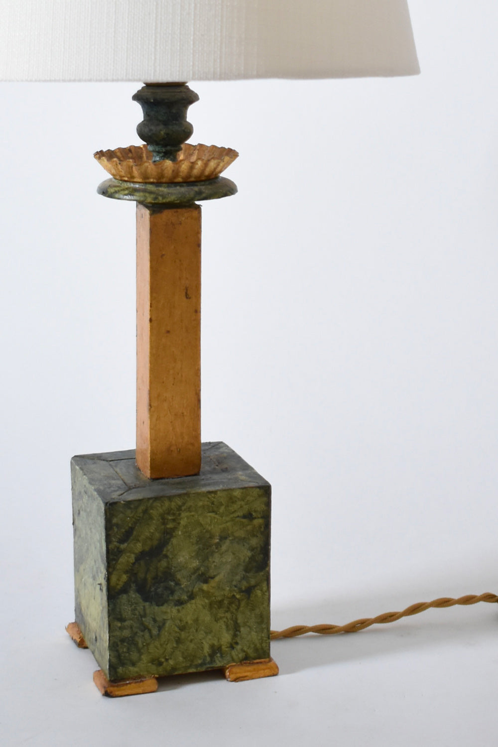 Pair of marble trompe l'oeil wooden lamps, 1940s.