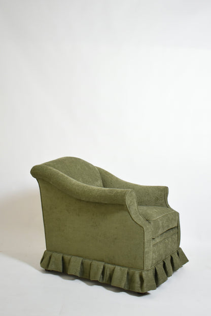 Pair of green fabric fringe armchairs, 1940s.