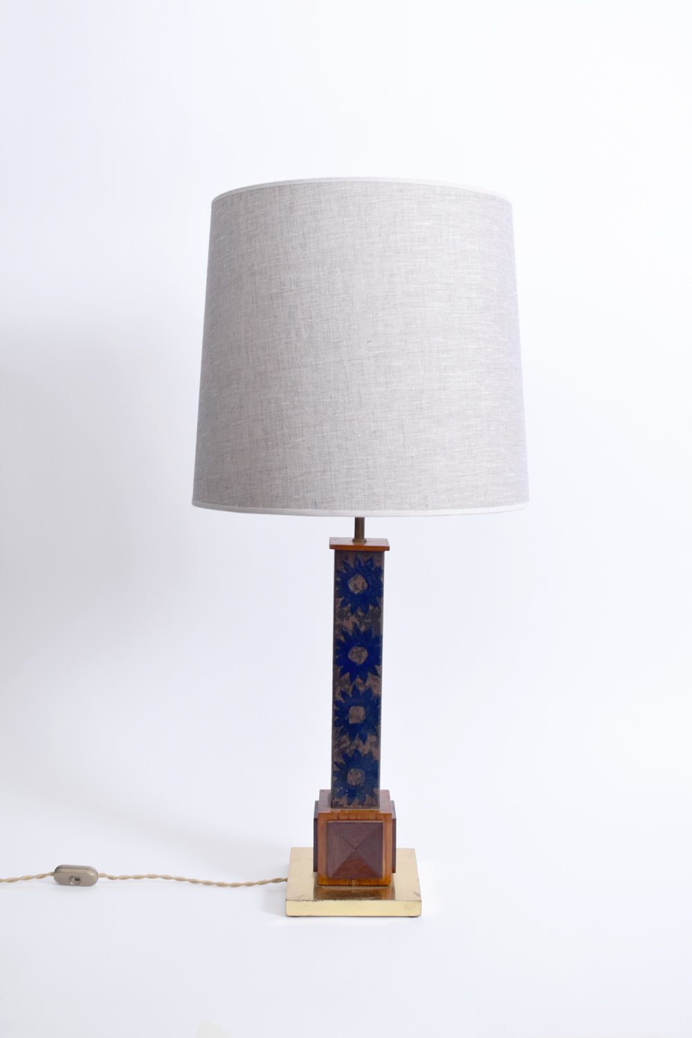 Brass wood and ceramic column lamp, 1960s.