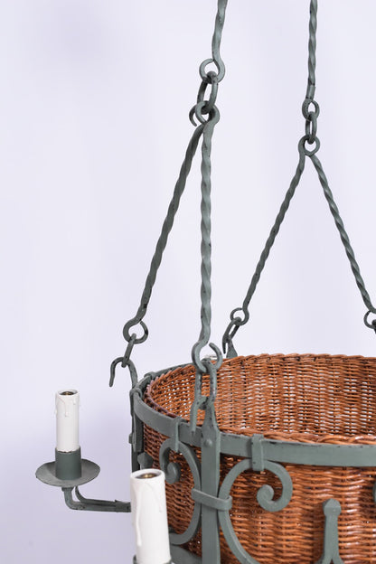 Green wrought iron and wicker ceiling lamp, 1940s.