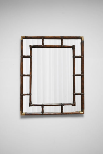 Brown rattan and brass mirror, 1970s.