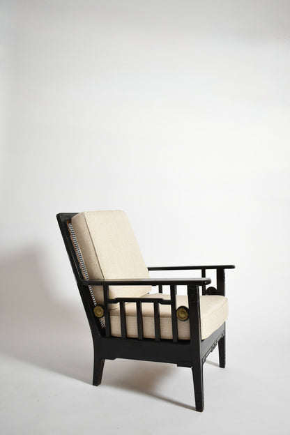 Pair of colonial ebonised wood & caning armchairs, 1920s.