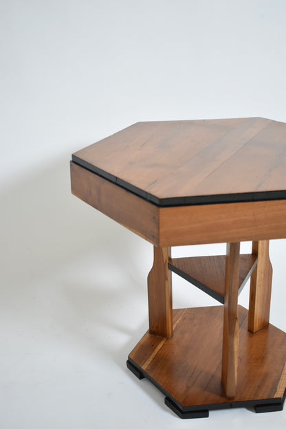Hexagonal Amsterdam school pedestal table, 1920s.