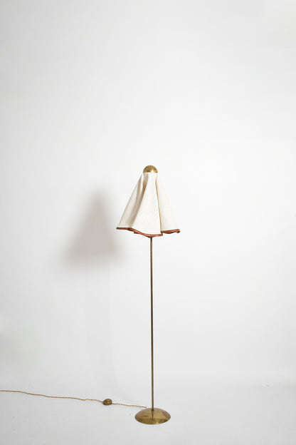 Brass, fabric and leather floor lamp, 1960s.