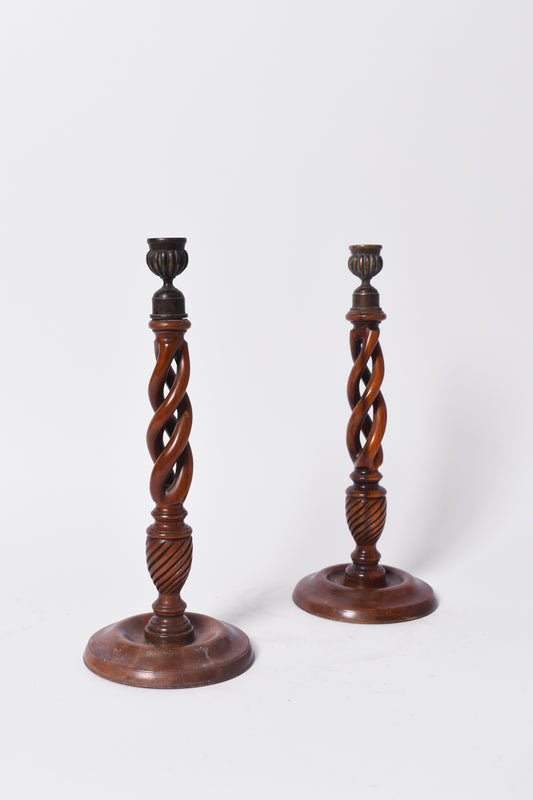 Pair of turned wood candlesticks, 19th c.