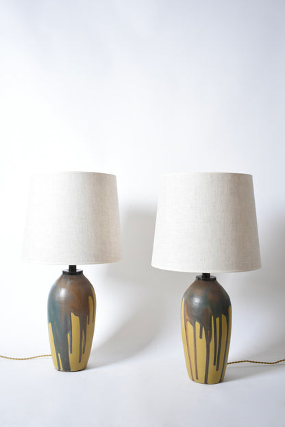 Pair of ochre and brown glaze drips lamps, 1930s.