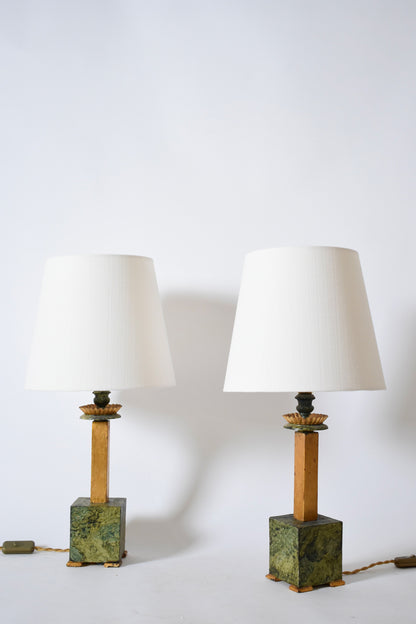 Pair of marble trompe l'oeil wooden lamps, 1940s.
