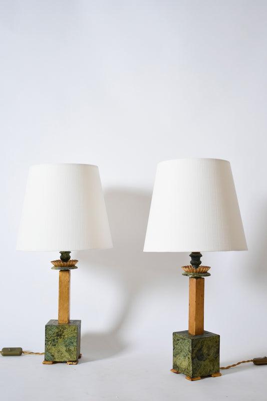Pair of marble trompe l'oeil wooden lamps, 1940s.